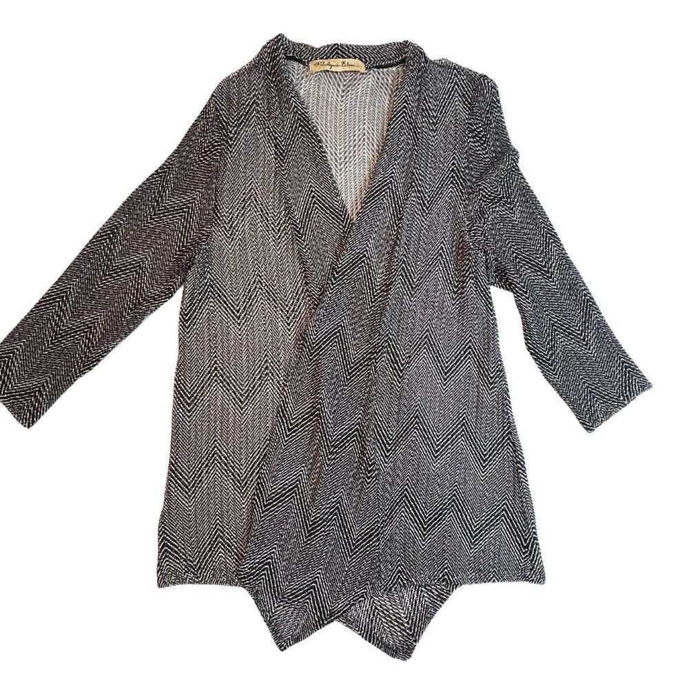 Aqua Blues Cardigan Womens Large Open Front Sheer Knit Chevron Pattern Duster